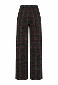 Pantalon à jambes larges avec motif à carreaux gris foncé et noir, lignes rouges fines, taille haute et coupe droite.