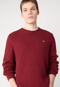 Burgundy teksturoitu neulepaita, jossa on timanttikuvio, pyöreä pääntie ja ribbaatut hihat. Pieni logokoriste rinnassa.
