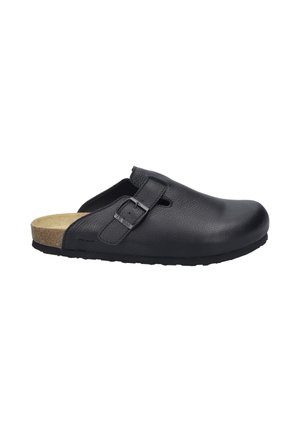 Black leather clogs featuring a curved design, a cork footbed, adjustable strap with buckle, and textured upper for breathability.