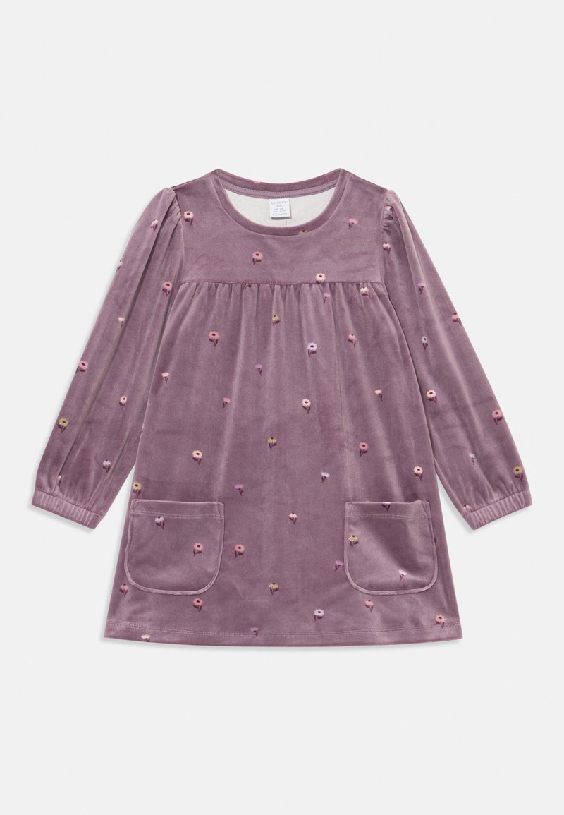 Purple velvet dress with long sleeves, embroidered floral accents, round neckline, and two front pockets. Soft texture and relaxed fit.