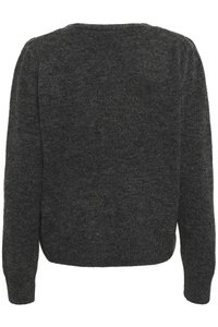 Maglione grigio scuro in maglia con scollatura rotonda, maniche lunghe e una texture morbida. Presenta un design della parte posteriore semplice e senza decorazioni.