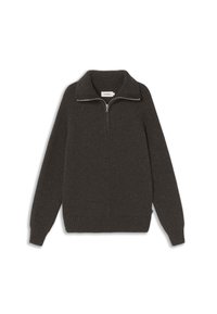 Maglione lavorato a maglia grigio scuro con collo a mezza zip, texture a coste sulle maniche e sull'orlo, caratterizzato da un design strutturato e una vestibilità comoda.