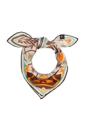Silk scarf with floral and leaf patterns in brown, orange, teal, and cream, tied in a loose knot with two pointed ends.