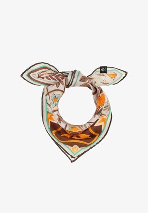 Silk scarf with floral and leaf patterns in brown, orange, teal, and cream, tied in a loose knot with two pointed ends.