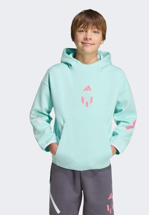 Boy with light brown hair wearing a mint green hoodie with pink logos and gray shorts with pink and white accents, standing with hands in pockets.