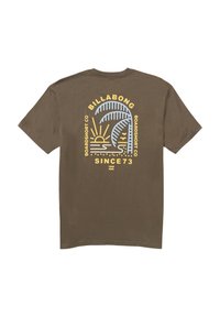 Brown cotton t-shirt featuring a graphic print of a palm tree, sun, and text, in yellow and blue, on the back. Short sleeves and crew neck.
