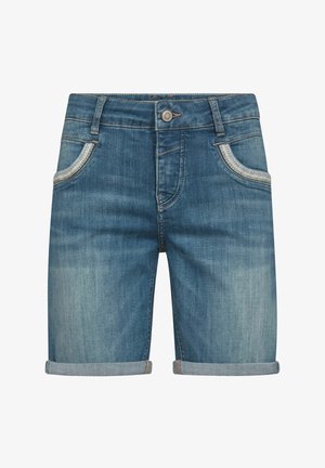 Modré riflové šortky so zrolovanými manžetami, predným gombíkom, zipsom, pútkami na opasok a dekoratívnym prešitím na predných vreckách.