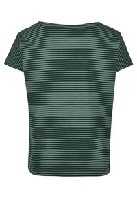 Zeleno-černý pruhovaný tričko s krátkým rukávem, vyrobené z měkké látky a uvolněného střihu, s kulatým výstřihem a rovnými lemy.