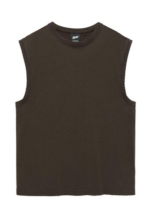 Ujjatlan, sötétbarna színű, kerek nyakú pamut trikó nyers szegélyű hónaljjal, belül a gallérnál márkajelzéssel.