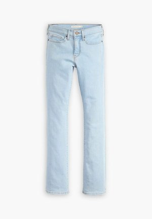 Jeans in denim blu chiaro con un design a gamba dritta, dotati di tasche frontali, chiusura con bottone e una sottile texture scolorita.