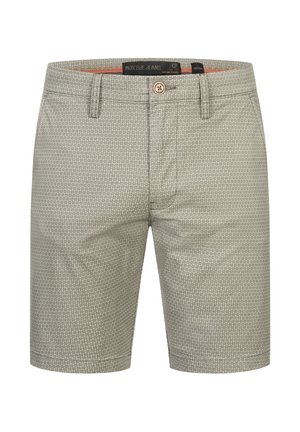 Light-gray shorts with a subtle geometric pattern, made of fabric with a smooth texture. Features a front button closure and belt loops.