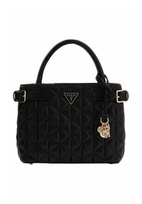 Borsa trapuntata nera in materiale sintetico con design strutturato. Presenta una placca del logo triangolare e dettagli di ciondoli in metallo.