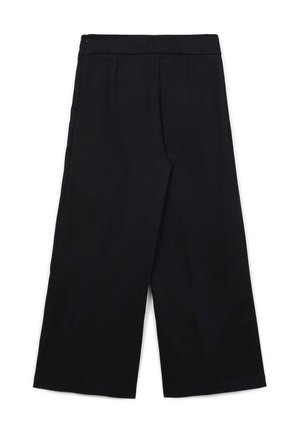 Pantaloni neri a gamba larga realizzati in tessuto liscio. Presentano una vita alta e una piega frontale. Vestibilità ampia con silhouette dritta.