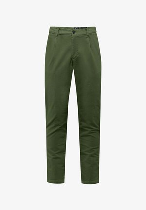 Olijfgroene katoenen broek met een gladde textuur, platte voorkant, zijzakken en een rits, met een eenvoudige knoopsluiting.