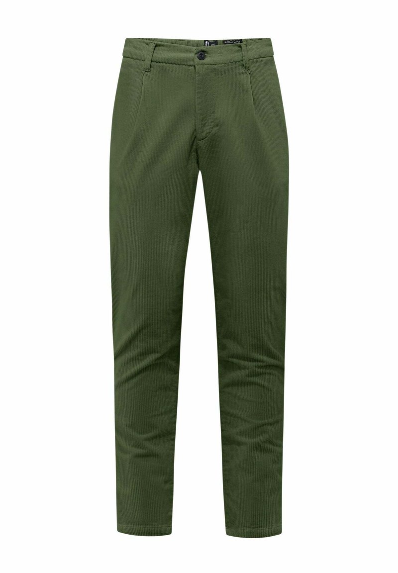 Pantaloni in cotone verde oliva con una texture liscia, frontale piatto, tasche laterali e chiusura con zip, dotati di un semplice bottone di chiusura.