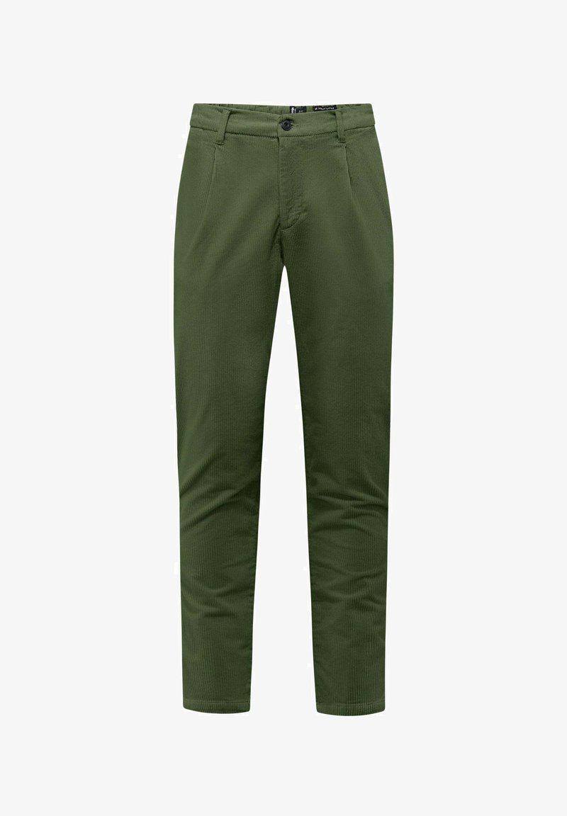 Oliwkowe bawełniane spodnie o gładkiej fakturze, z płaskim przodem, bocznymi kieszeniami oraz zamek błyskawiczny, z prostym zapięciem na guzik.