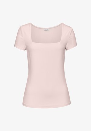 Vaaleanpunainen t-paita, jossa on tyköistuva malli, lyhyet hihat ja neliönmuotoinen kaula-aukko. Sujuva pinta, minimaalinen yksityiskohtaisuus, sopii arkikäyttöön.