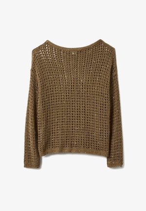 Bruine gebreide trui met lange mouwen en opengewerkt patroon, met geribbelde boorden aan de mouwen en zoom, plat liggend op een witte achtergrond.