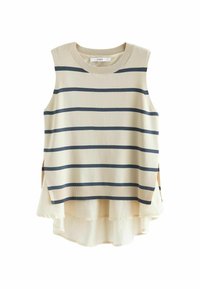 Beżowy top bez rękawów z granatowymi poziomymi pasami. Posiada okrągły dekolt oraz warstwowy tylny hem z bocznymi rozcięciami.