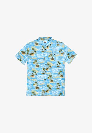 Kurzarmpoloshirt mit leicht blauer Hintergrundfarbe, tropischem Palmbaum-Muster und küstlichen Bildern in Gelb- und Grüntönen.