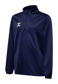 Marineblauer Langarm-Pullover mit Reißverschlusskragen, aus glattem Stoff. Mit einem Logo auf der Brust und elastischen Bündchen an den Ärmeln.