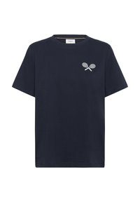 Navy cotton t-shirt with a crew neck. Features a white graphic of crossed tennis rackets on the left chest. Short sleeves, relaxed fit.
