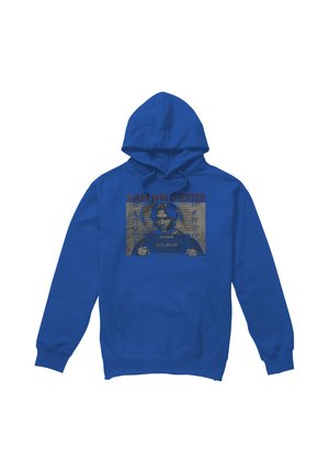 Blue hooded sweatshirt with front pocket featuring a mugshot of a person holding a police board with text "SAM WINCHESTER."