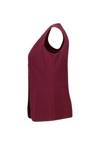 Bordeauxrood mouwloos topje met een gestructureerde stof, nauwsluitende pasvorm, verlengde armsgaten en naaddetails langs de zijkanten.