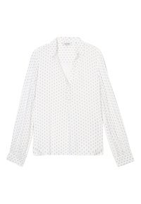 Blusa bianca a maniche lunghe con colletto, caratterizzata da un motivo di piccole linee verticali blu e una vestibilità leggermente ampia.