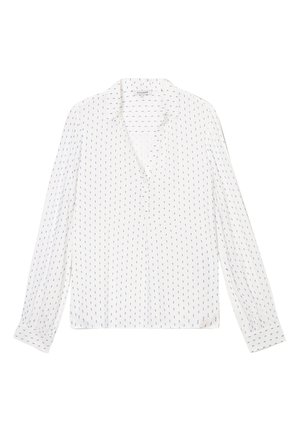 Blouse blanche à manches longues avec un col, ornée d'un motif de petites lignes verticales bleues et d'une coupe légèrement ample.