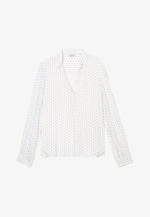 Blouse blanche à manches longues avec un col, ornée d'un motif de petites lignes verticales bleues et d'une coupe légèrement ample.