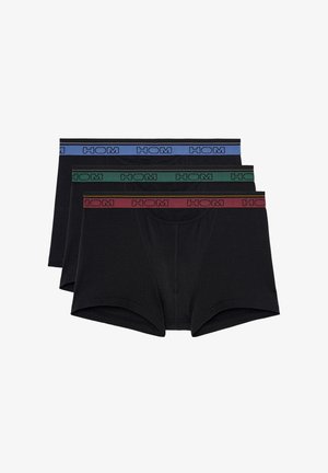 Conjunto de tres bóxer negros, que presentan cinturillas de diferentes colores: azul, verde y rojo. Cada uno tiene el logo "HOM" en un diseño rectangular.