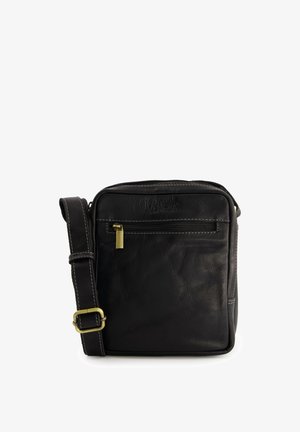 Czarna skórzana torebka crossbody o kwadratowym kształcie, z zamkiem błyskawicznym na górze, przednią kieszenią i regulowanym paskiem z złotym okuciem oraz kremowym przeszyciem.