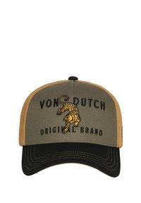 Gorra con corona redonda en tela verde oliva, visera negra y parte trasera de malla color arena. Presenta un gráfico bordado de un tigre y el texto "VON DUTCH ORIGINAL BRAND".