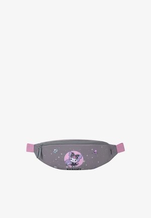 Graue Bauchtasche mit pinken Trägern und Reißverschluss, mit einer Cartoon-Figur mit Hörnern und weltraumbezogenen Symbolen darum.