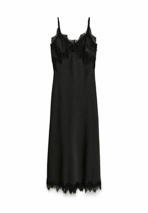 Vestido negro de tirantes elaborado con tela suave, con un ribete de encaje en el escote y el dobladillo, y tirantes ajustables para adaptar el ajuste.