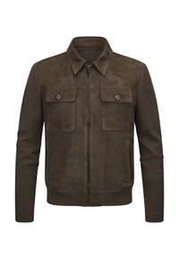 Braune Jacke mit einem Wildlederkörper und gestrickten Ärmeln. Mit Reißverschluss und zwei Brusttaschen sowie seitlichen Reißverschlusstaschen. Rippbündchen und Saum.