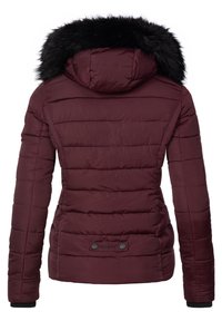 Burgundy puffer jacket with a removable black faux fur hood, quilted design, long sleeves, and two-button closure at the bottom.