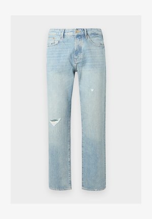 Hellblaue Jeans mit geradem Bein, hohem Bund, Knopf- und Reißverschluss, Taschen vorne und hinten sowie ausgefransten Details am linken Bein.