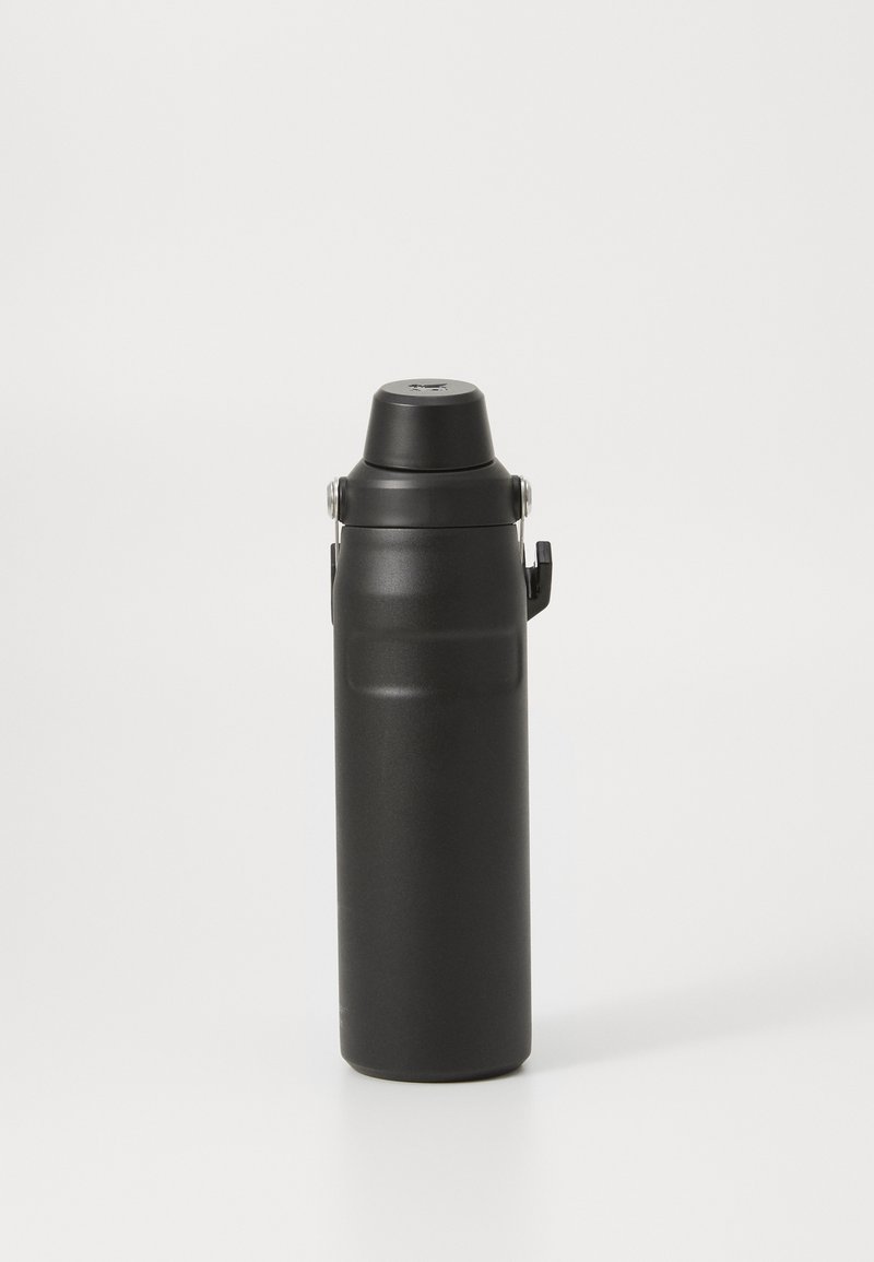 Must värvi roostevaba terasest termos, millel on silindriline kuju, kruvitav kork ja külgfikseerimine kindla sulgemise tagamiseks. Sujuv mati pind.