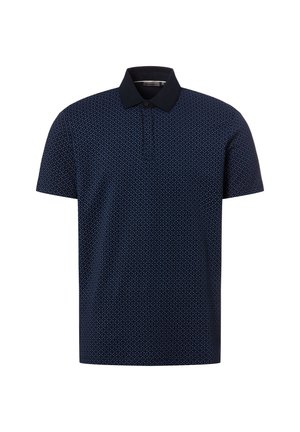 Marineblauw poloshirt met korte mouwen, voorzien van een klein circulair geometrisch patroon en een effen donkere kraag, met knopen bij de hals.