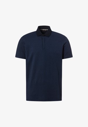 Marineblauw poloshirt met korte mouwen, voorzien van een klein circulair geometrisch patroon en een effen donkere kraag, met knopen bij de hals.