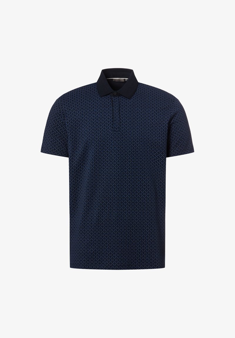 Marineblaues Kurzarm-Poloshirt mit kleinem kreisförmigem geometrischem Muster und einfarbigem dunklem Kragen, am Hals geknöpft.