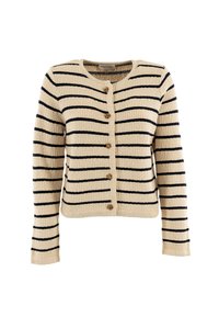 Cardigan crema con strisce nere, maglia lavorata, scollatura rotonda e sei bottoni decorativi dorati sul davanti. Maniche lunghe, vestibilità cropped.