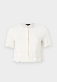 Fehér, rövid ujjú kardigán, texturált kötött mintával, fodros alsó résszel, és gyöngy díszítésekkel az alsó szélen és az ujjaknál. Elöl gombos záródás.