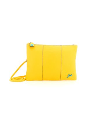 Borsa a tracolla in pelle gialla compatta con zip turchese e piccolo logo del brand turchese in basso a destra.