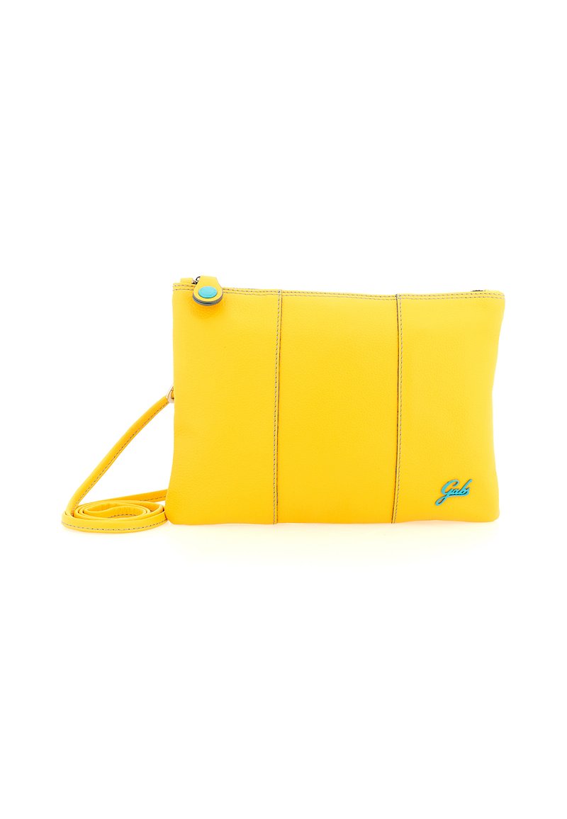 Borsa a tracolla in pelle gialla compatta con zip turchese e piccolo logo del brand turchese in basso a destra.