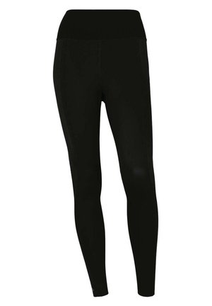 Black athletic leggings with a high waistband, smooth texture, and fitted design. Features side panel accents for added detail.