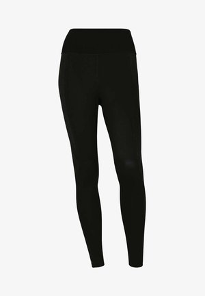 Black athletic leggings with a high waistband, smooth texture, and fitted design. Features side panel accents for added detail.