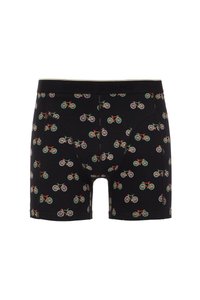 Juodi boxeriai su spalvingų dviračių pasikartojančiu raštu, pagaminti iš minkštos medžiagos su elastine juosta.